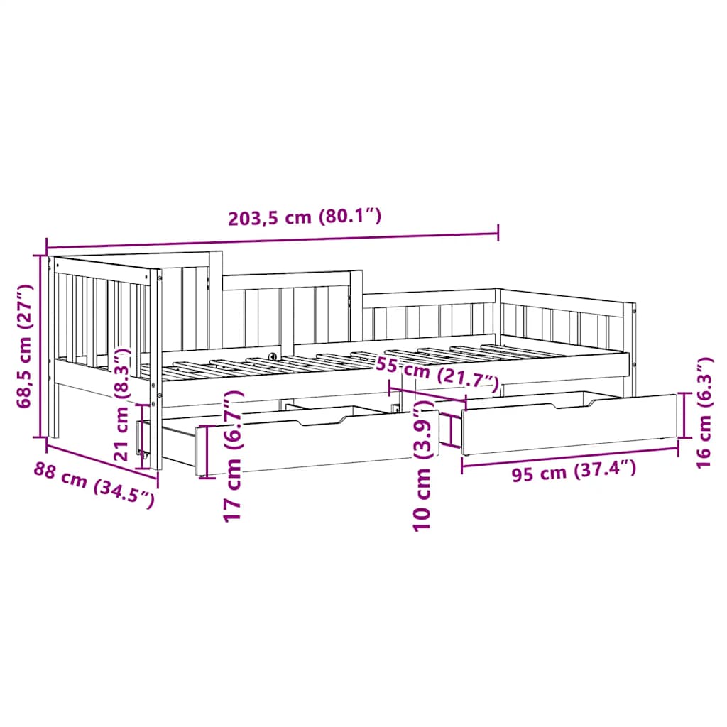 Slaapbank met lades 80x200 cm massief grenenhout – afbeelding 12