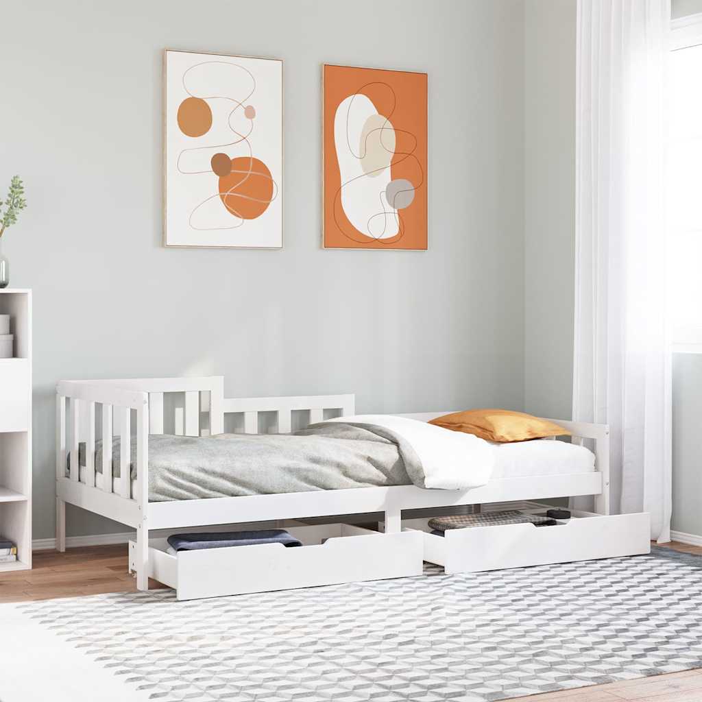 Slaapbank met lades 90x200 cm massief grenenhout wit – afbeelding 1