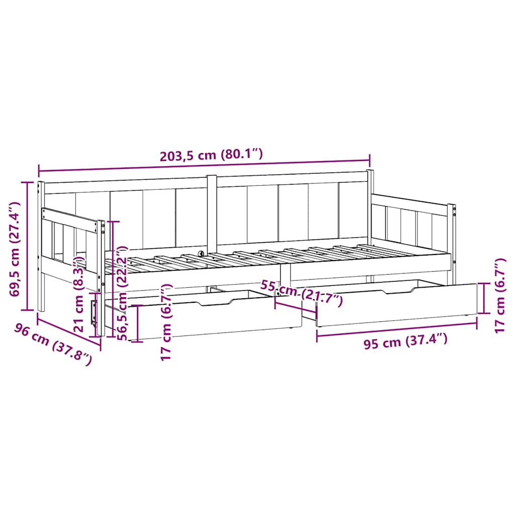 Slaapbank met lades 90x200 cm massief grenenhout – afbeelding 12