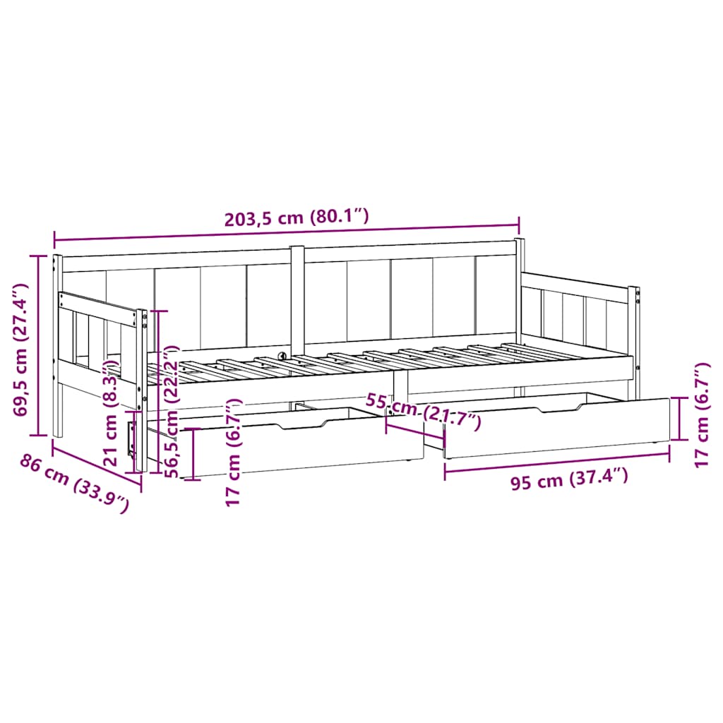 Slaapbank met lades 80x200 cm massief grenenhout – afbeelding 12