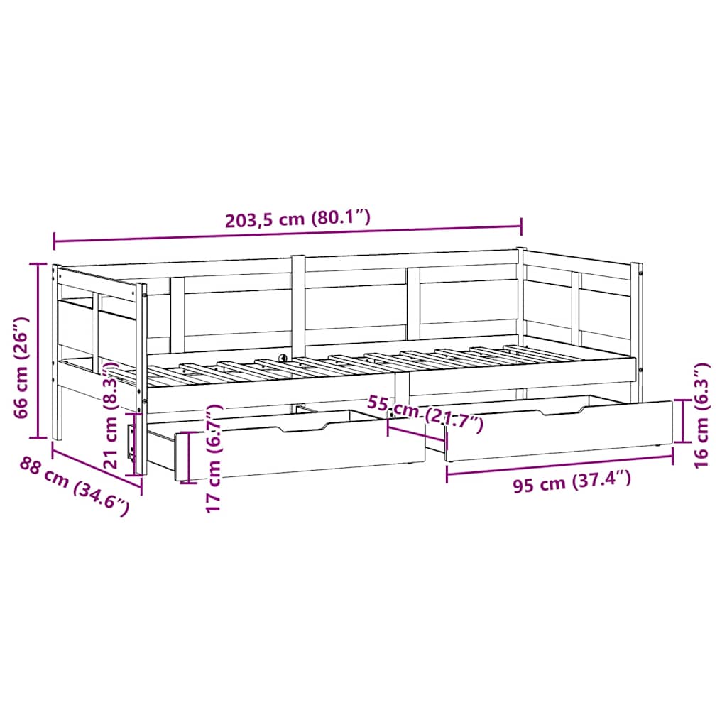 Slaapbank met lades 80x200 cm massief grenenhout – afbeelding 12