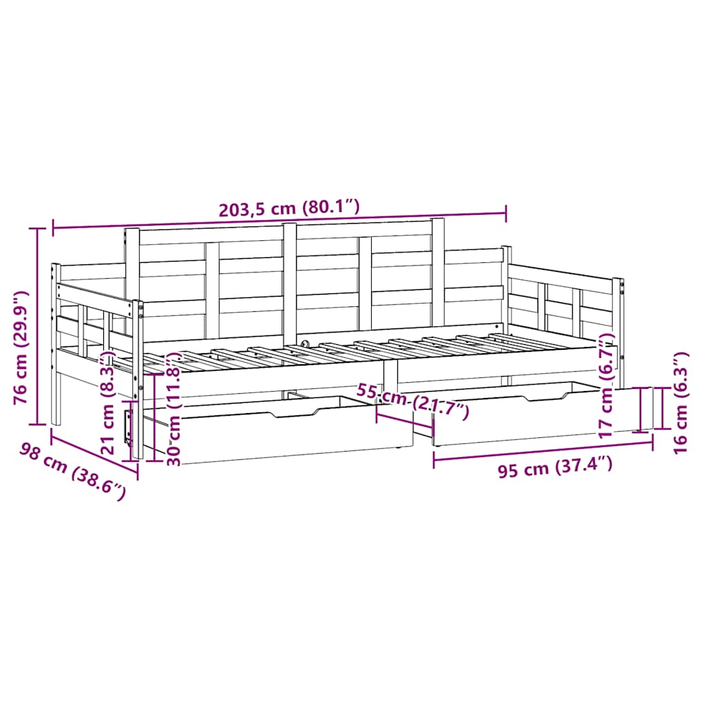 Slaapbank met lades 90x200 cm massief grenenhout – afbeelding 12