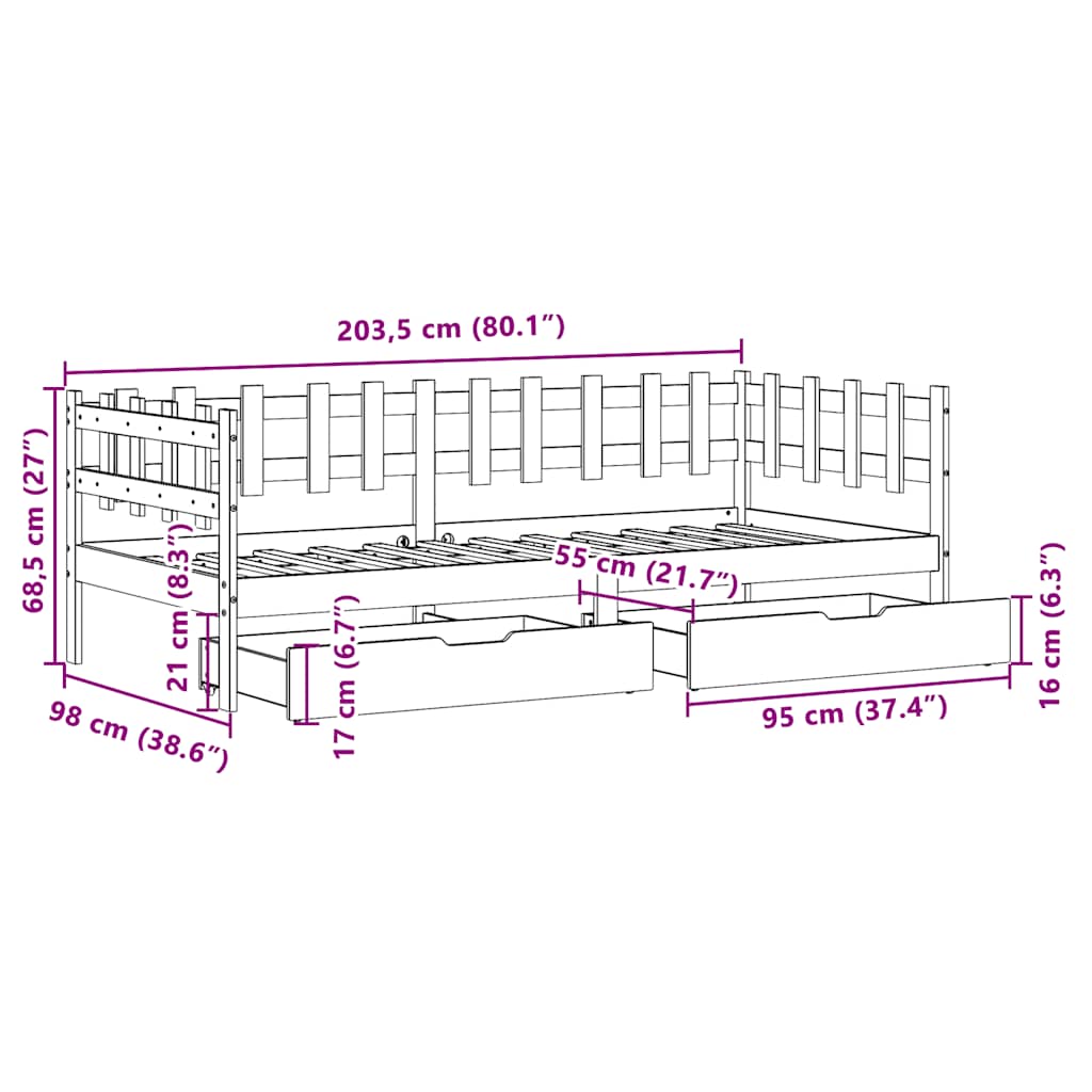 Slaapbank met lades 80x200 cm massief grenenhout – afbeelding 12