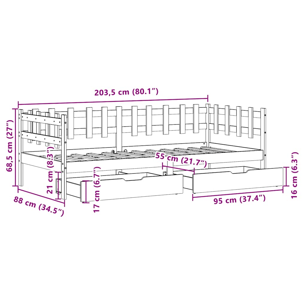 Slaapbank met lades 90x200 cm massief grenenhout – afbeelding 12