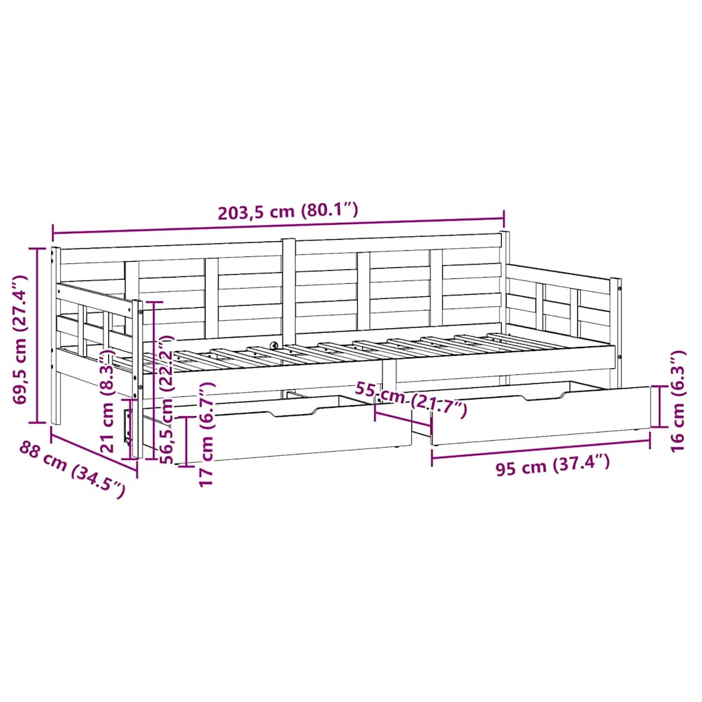 Slaapbank met lades 80x200 cm massief grenenhout – afbeelding 12