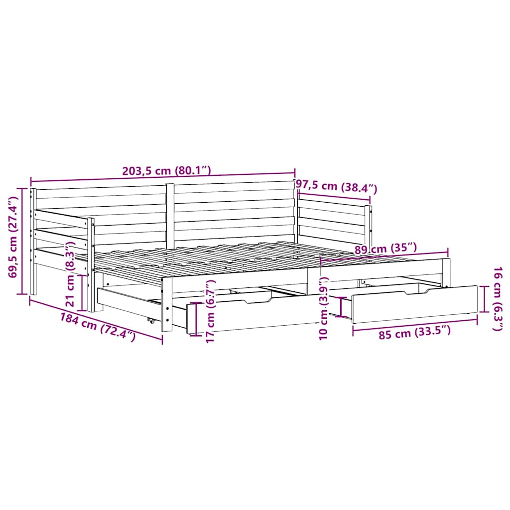 Slaapbank met lades 90x200 cm massief grenenhout – afbeelding 12