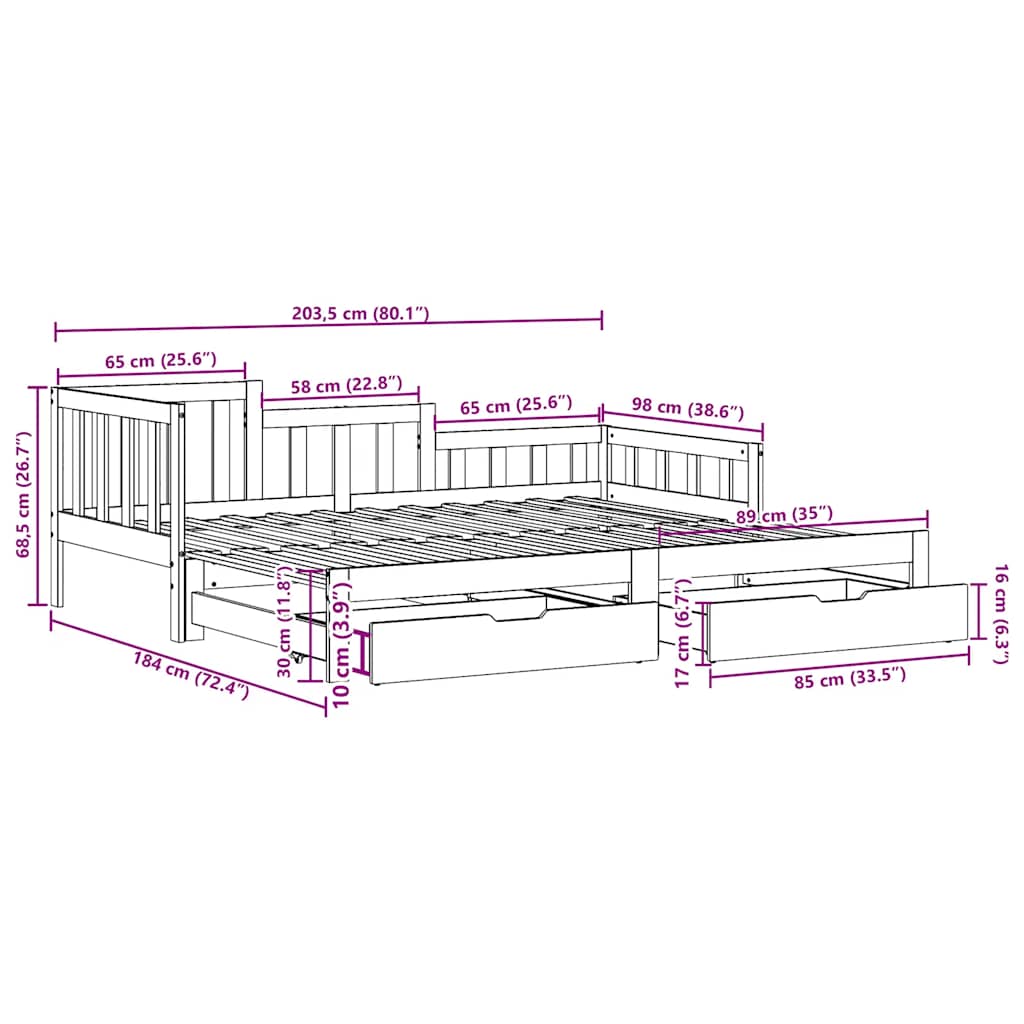 Slaapbank met onderschuifbed en lades zonder matras 90x200 cm – afbeelding 12