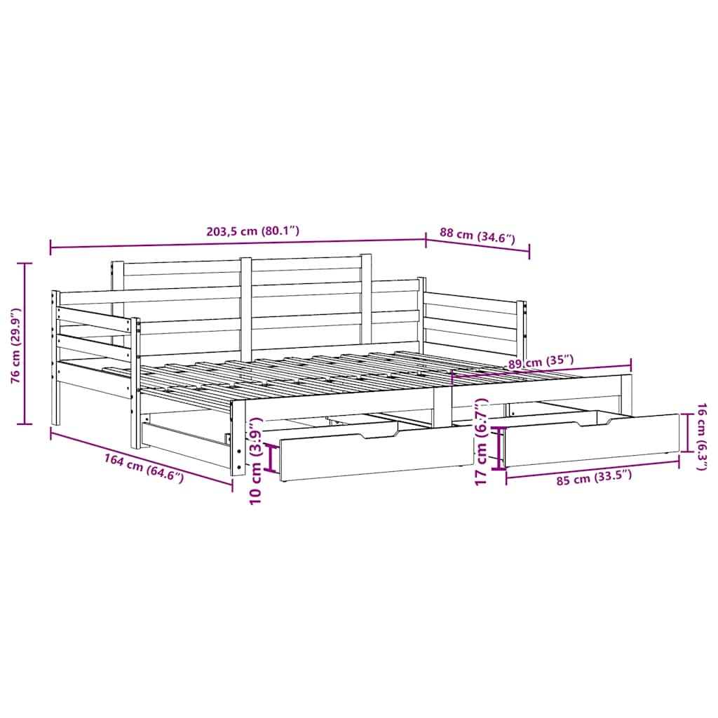 Slaapbank met onderschuifbed en lades zonder matras 80x200 cm – afbeelding 12