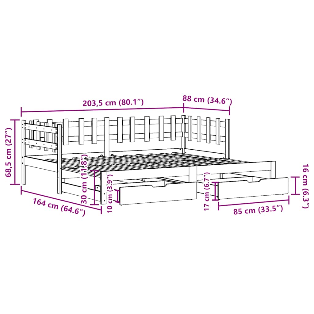 Slaapbank met onderschuifbed/lades zonder matras 80x200 cm wit – afbeelding 12
