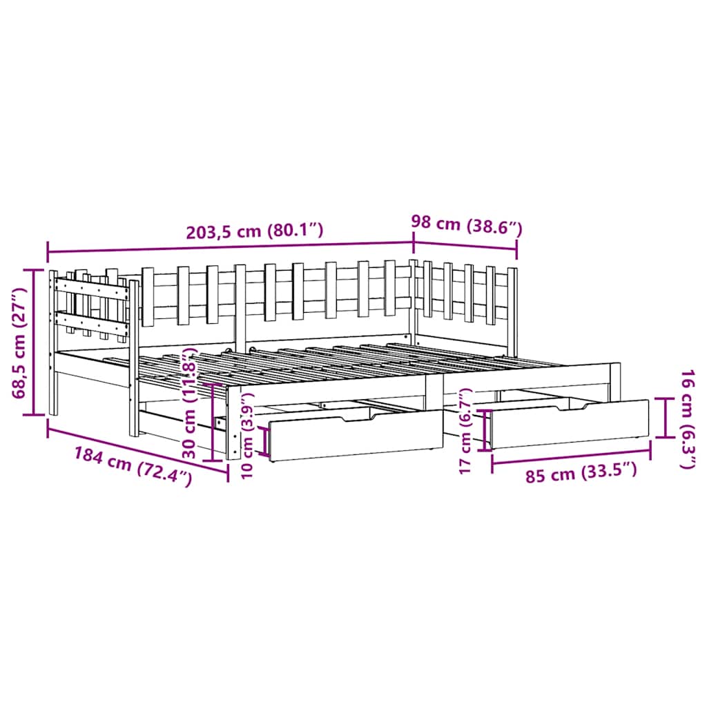 Slaapbank met onderschuifbed/lades zonder matras 90x200 cm wit – afbeelding 12