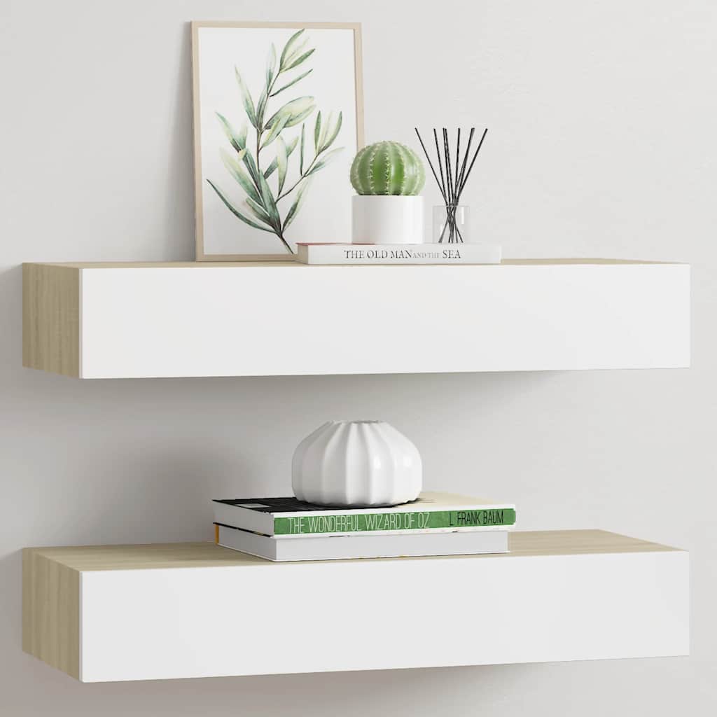 Wandladeplanken 2 st eiken en wit 60x23,5x10cm MDF – afbeelding 1