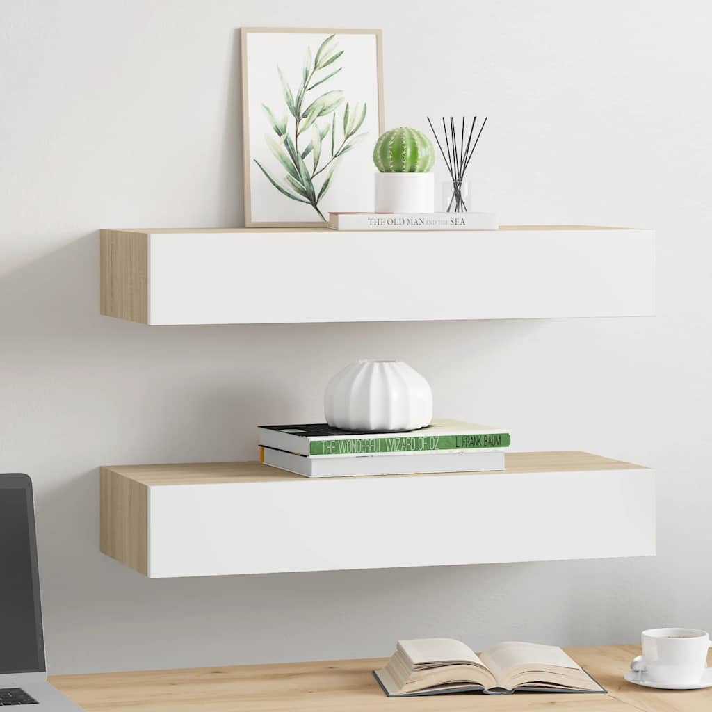 Wandladeplanken 2 st eiken en wit 60x23,5x10cm MDF – afbeelding 3