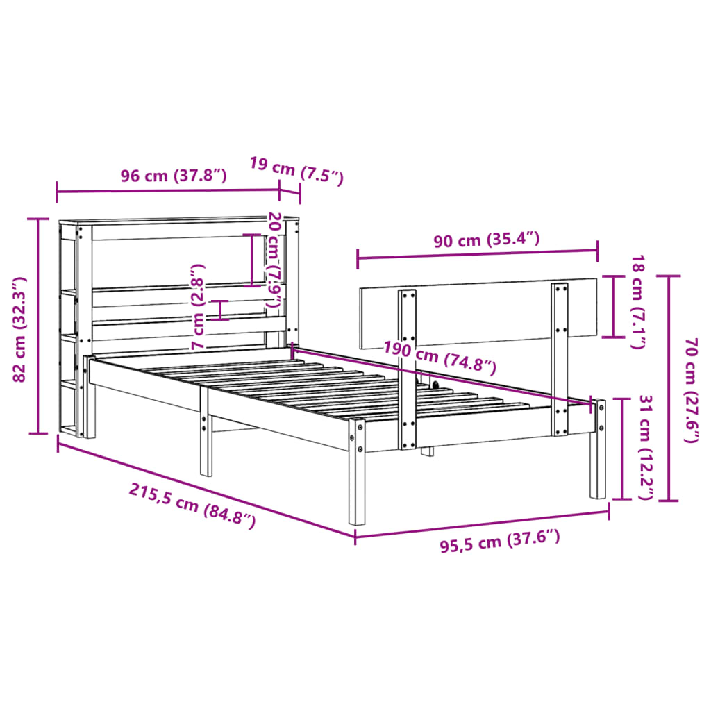 Bedframe zonder matras massief grenenhout wit 90x190 cm – afbeelding 12