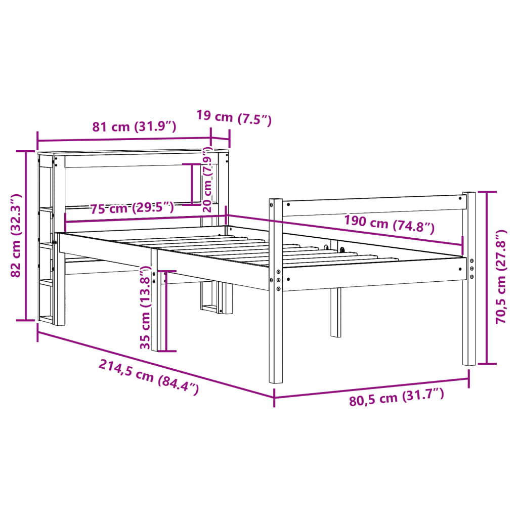 Seniorenbed met hoofdbord massief grenenhout wit 75x190 cm – afbeelding 12
