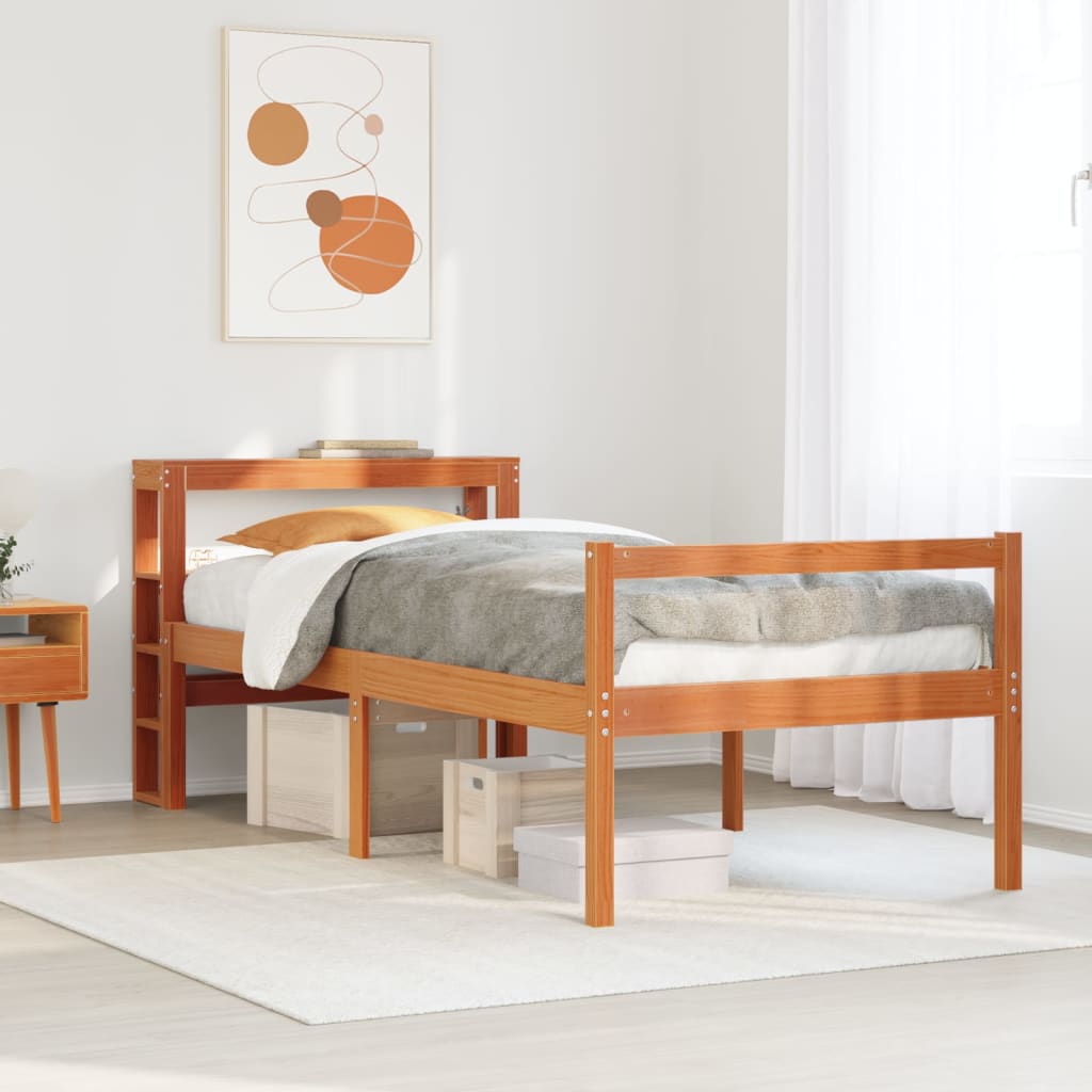 Bedframe met hoofdbord massief grenenhout wasbruin 75x190 cm – afbeelding 1