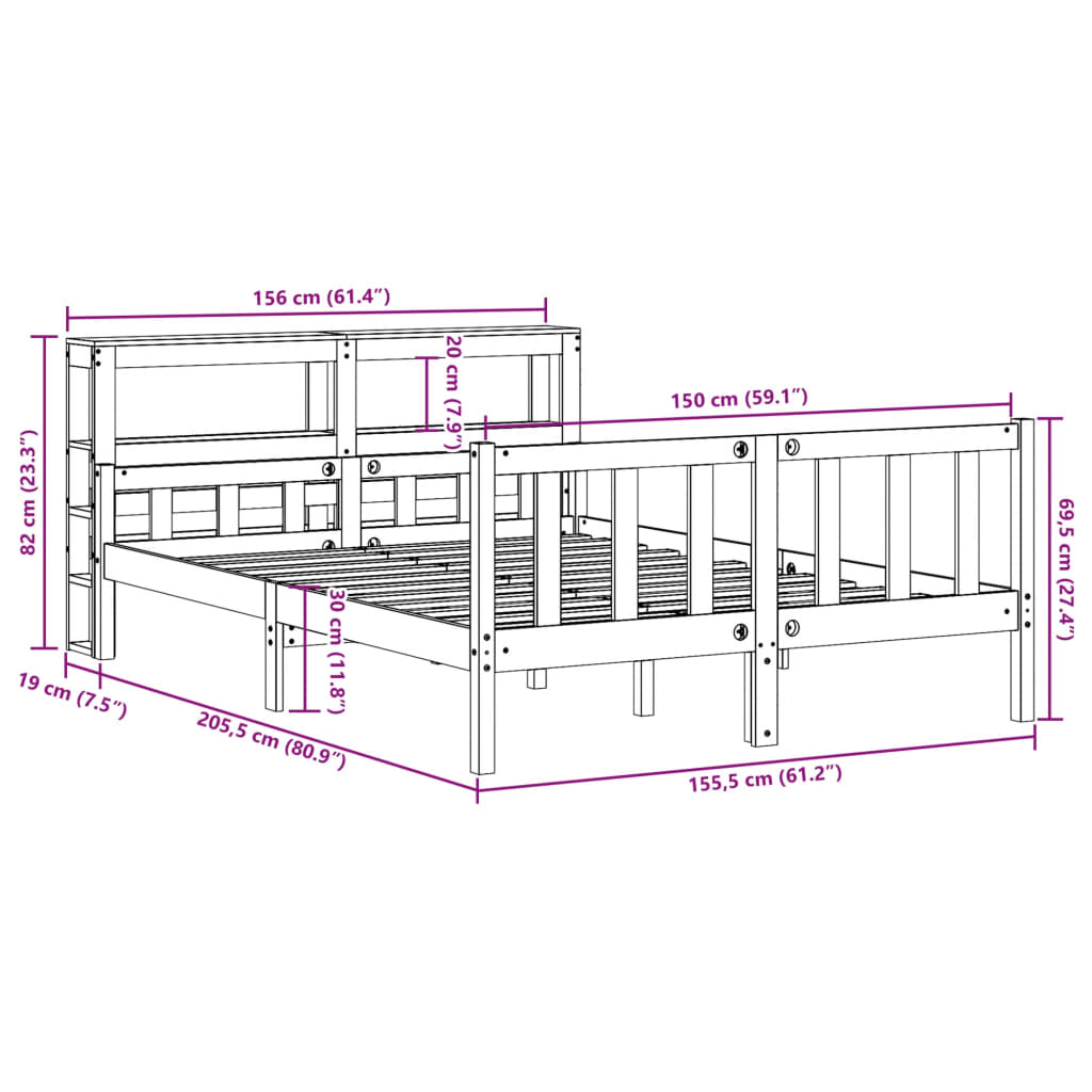 Bedframe met hoofdbord massief grenenhout wasbruin 150x200 cm – afbeelding 12