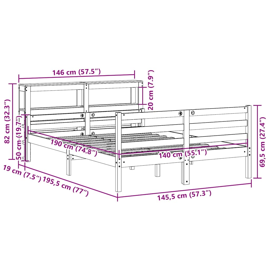 Bedframe met hoofdbord massief grenenhout 140x190 cm – afbeelding 11
