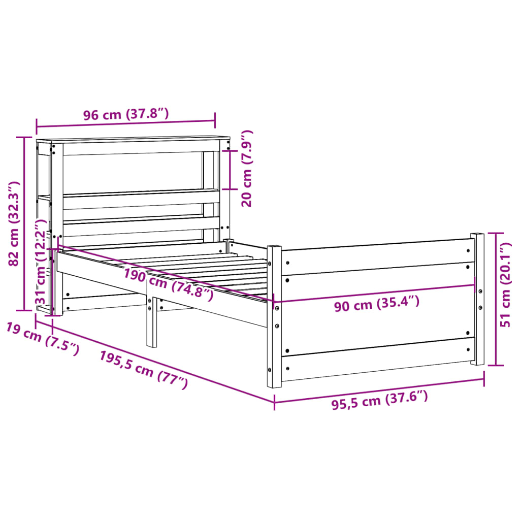 Bedframe met hoofdeinde zonder matras 90x190 cm wit – afbeelding 12