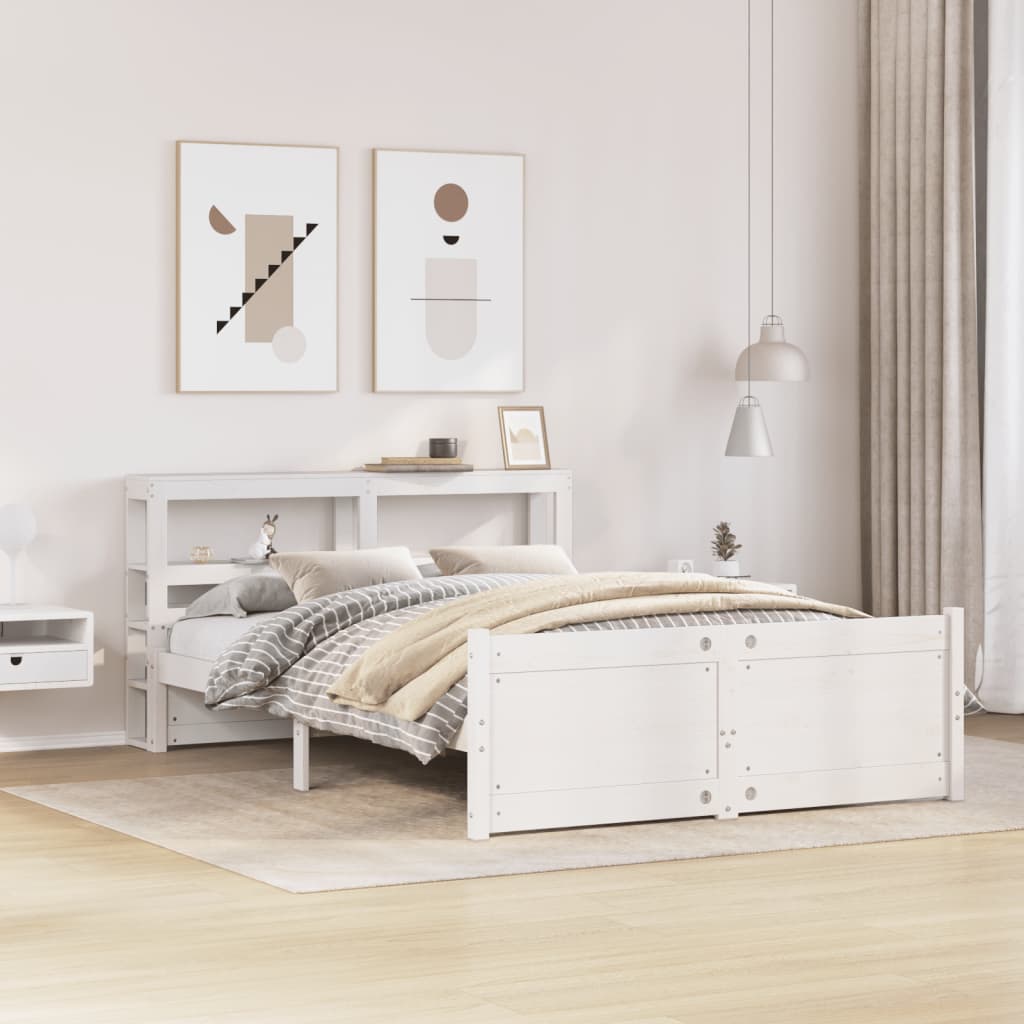Bedframe met hoofdbord massief grenenhout wit 135x190 cm – afbeelding 1