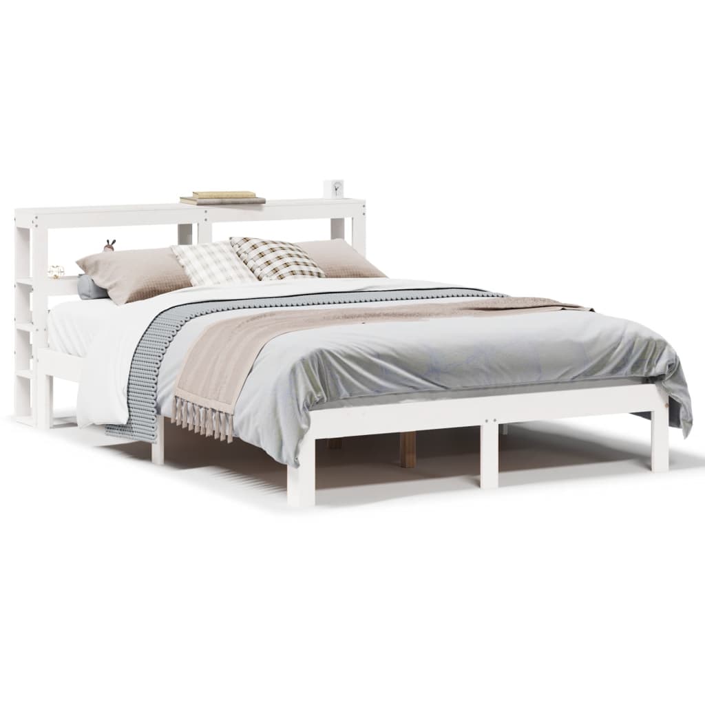 Bedframe met hoofdbord massief grenenhout wit 135x190 cm – afbeelding 2