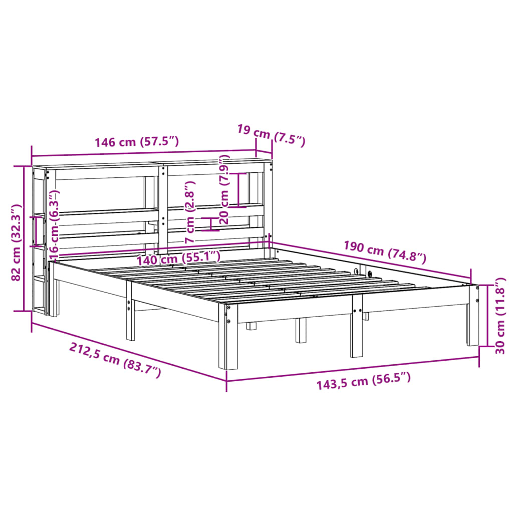 Bedframe met hoofdbord massief grenenhout 140x190 cm – afbeelding 11