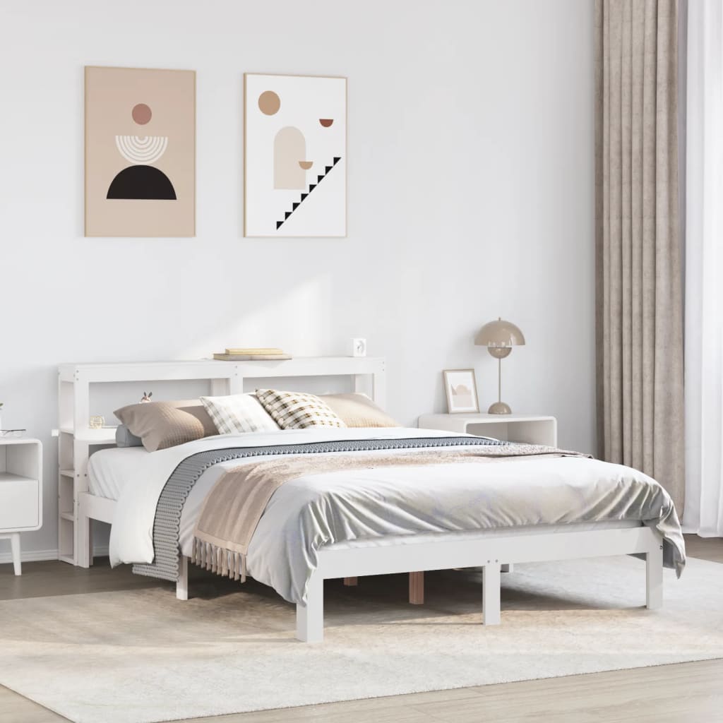 Bedframe met hoofdbord massief grenenhout wit 150x200 cm – afbeelding 1