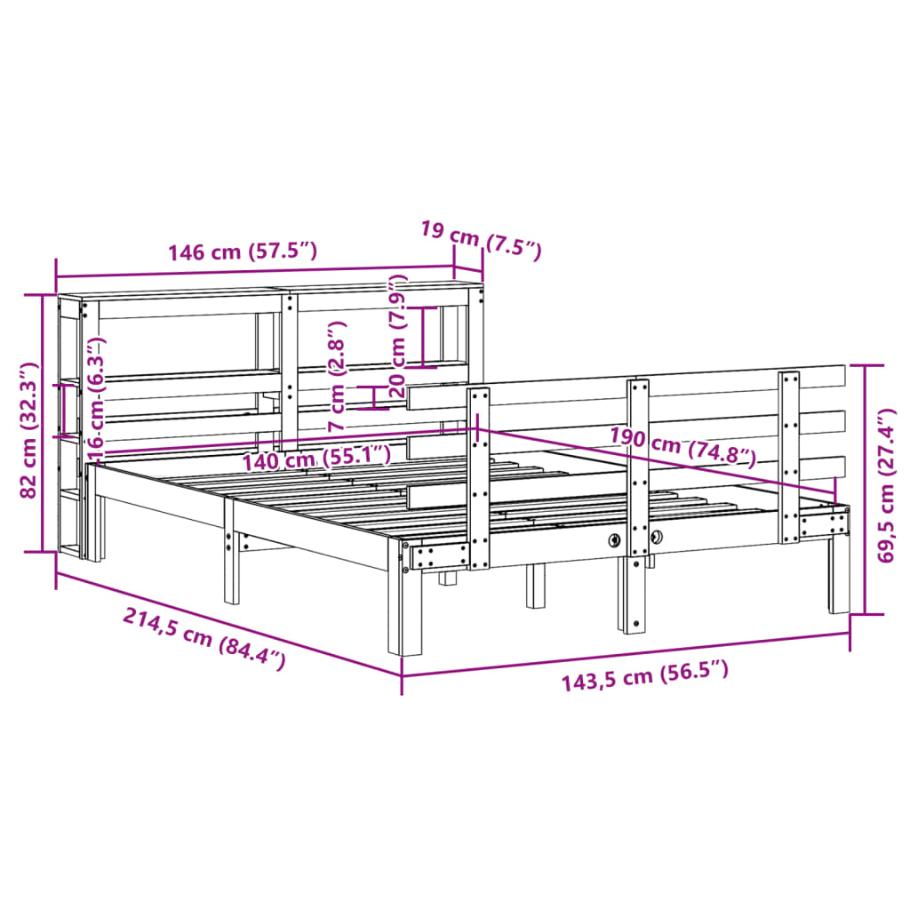 Bedframe met hoofdbord massief grenenhout 140x190 cm – afbeelding 11