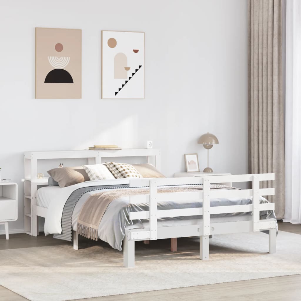 Bedframe met hoofdbord massief grenenhout wit 150x200 cm – afbeelding 1