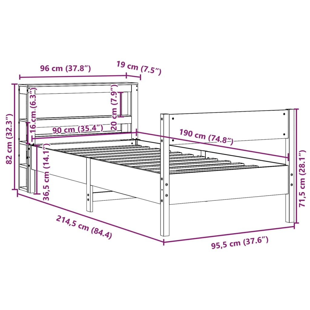 Bedframe zonder matras massief grenenhout wit 90x190 cm – afbeelding 12