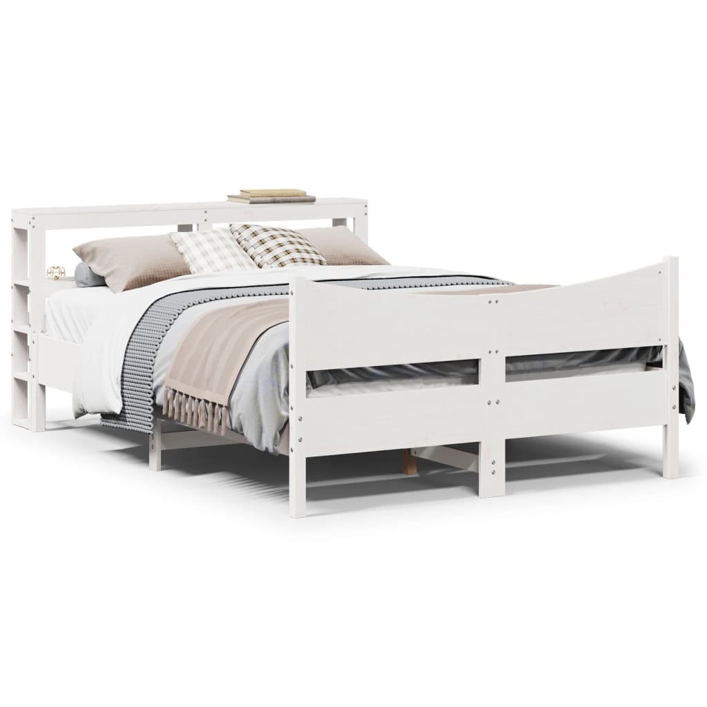 Bedframe met hoofdbord massief grenenhout wit 135x190 cm – afbeelding 1