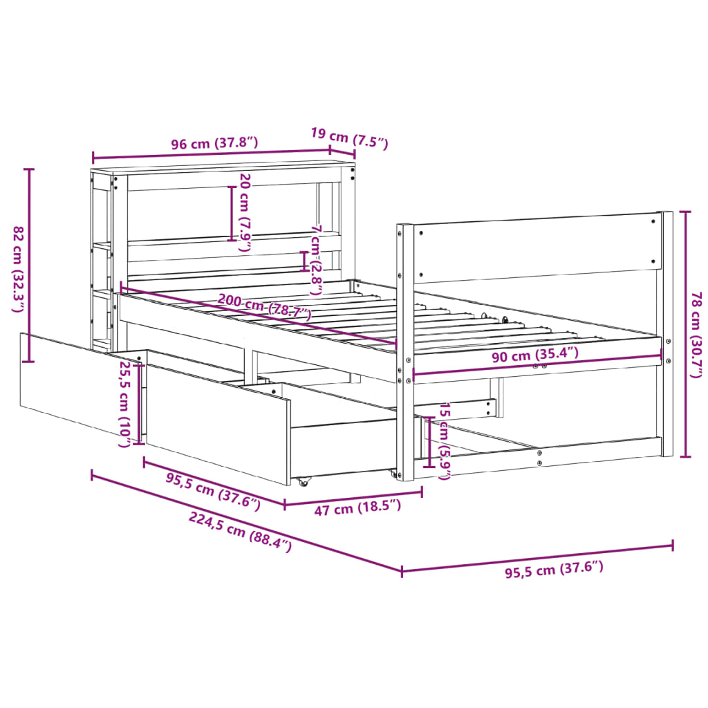 Bedframe zonder matras massief grenenhout wit 90x200 cm – afbeelding 12