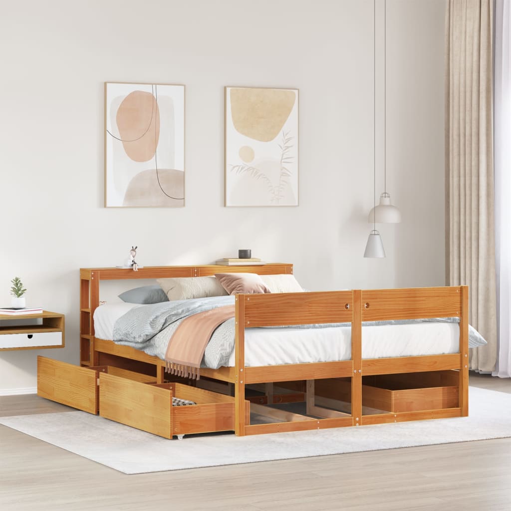 Bed met matras massief grenenhout wasbruin 140x190 cm – afbeelding 1