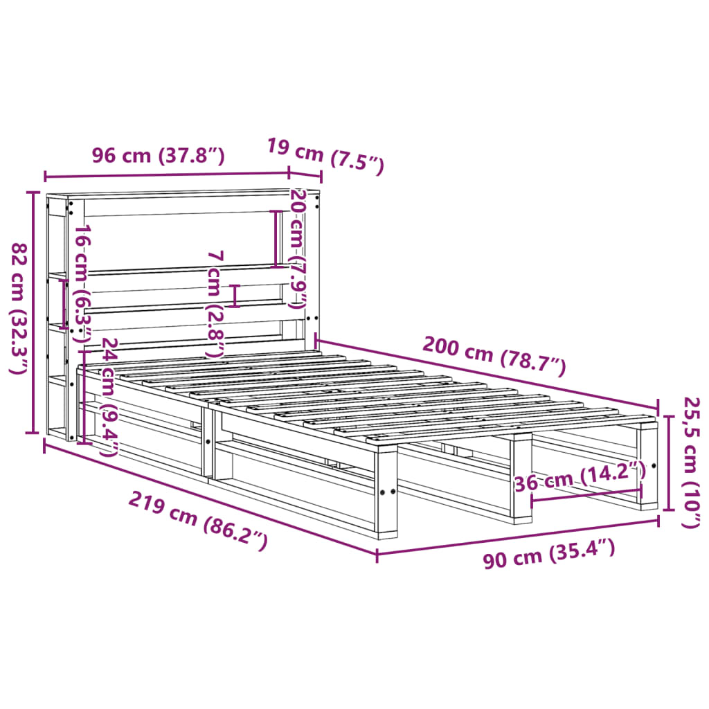 Bedframe zonder matras massief grenenhout 90x200 cm – afbeelding 12