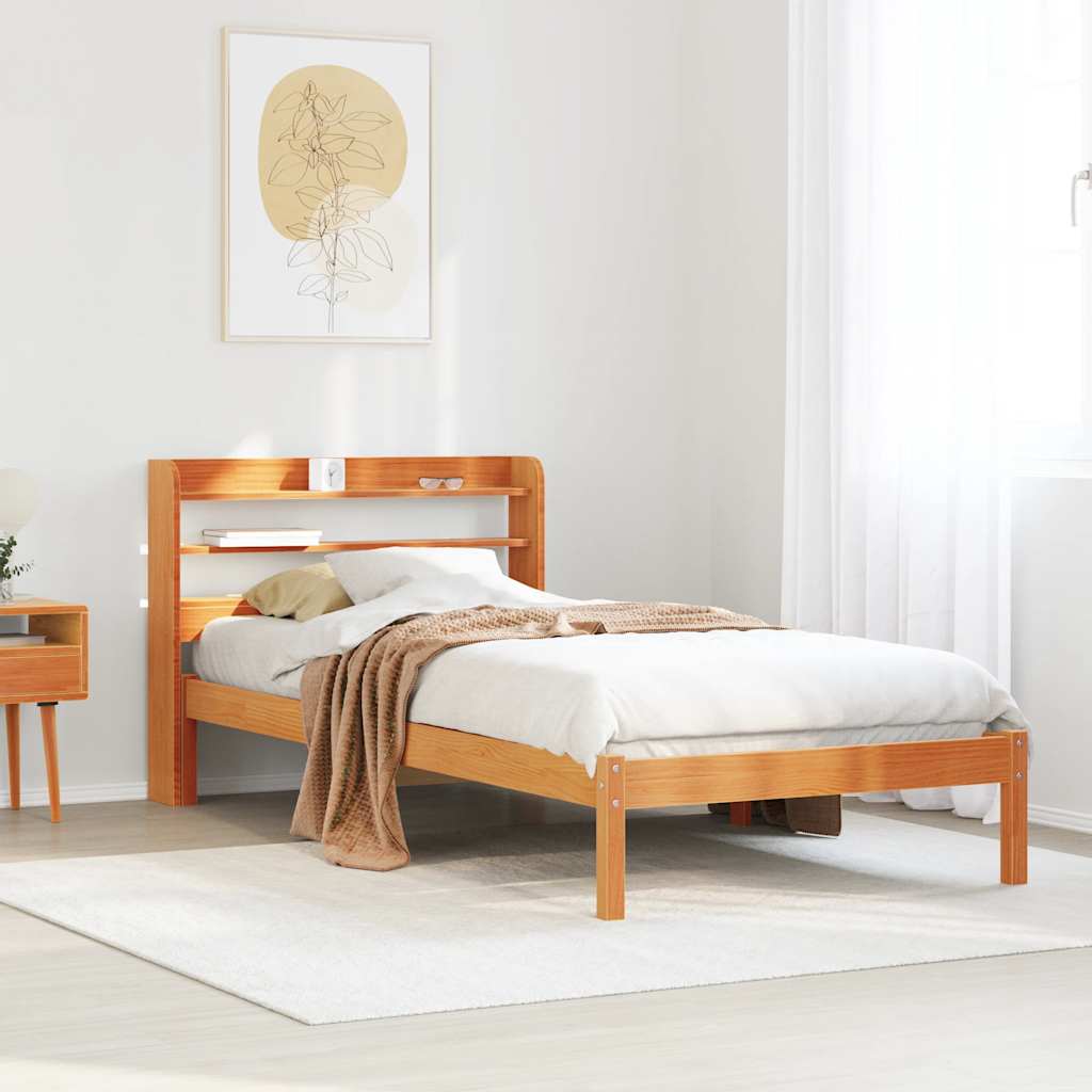 Bedframe met hoofdbord massief grenenhout wasbruin 75x190 cm – afbeelding 1