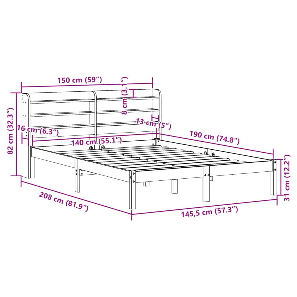 Bedframe met hoofdbord massief grenenhout wasbruin 140x190 cm – afbeelding 12