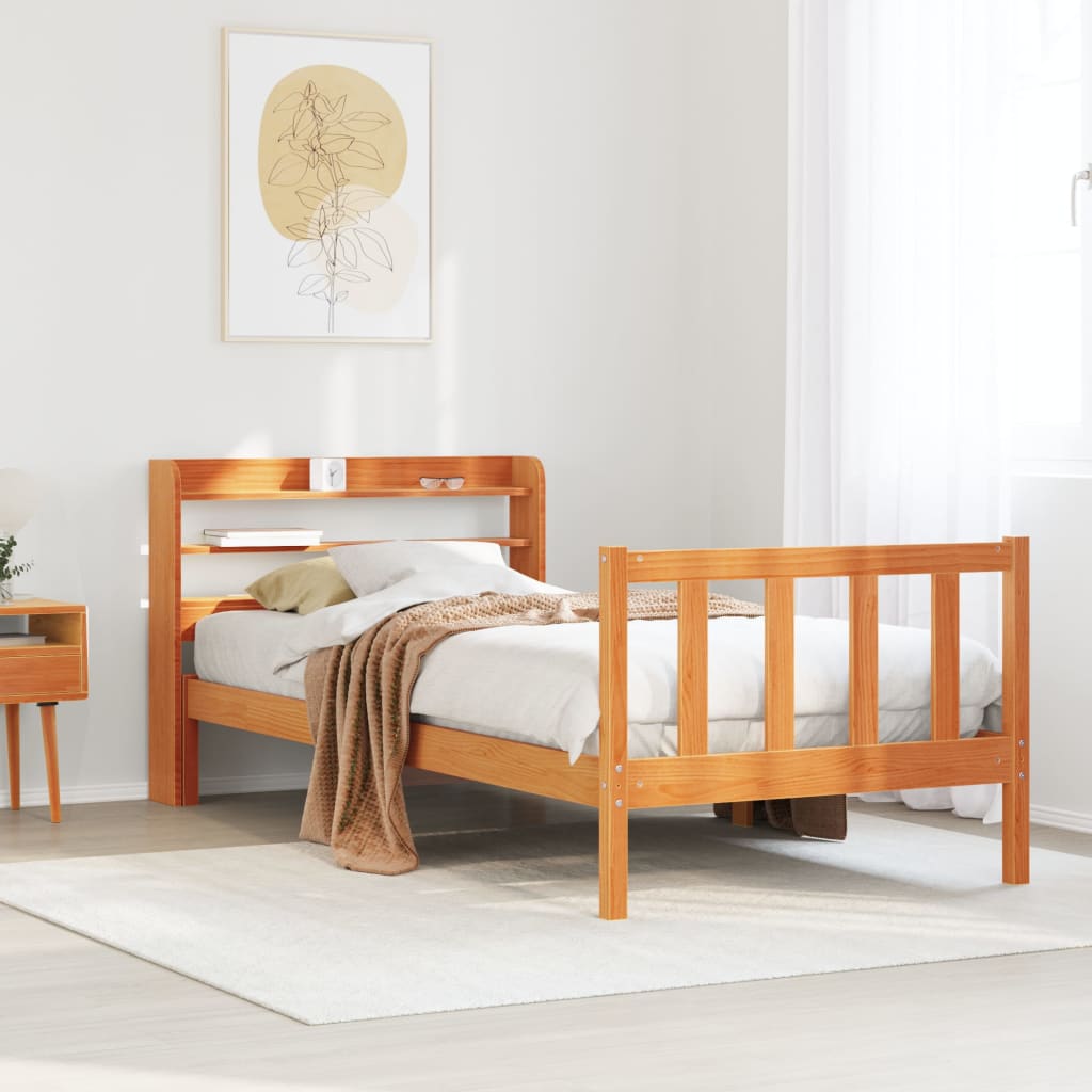 Bedframe met hoofdbord massief grenenhout wasbruin 100x200 cm – afbeelding 1