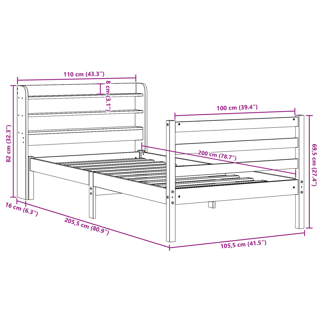 Bedframe met hoofdbord massief grenenhout 100x200 cm – afbeelding 12