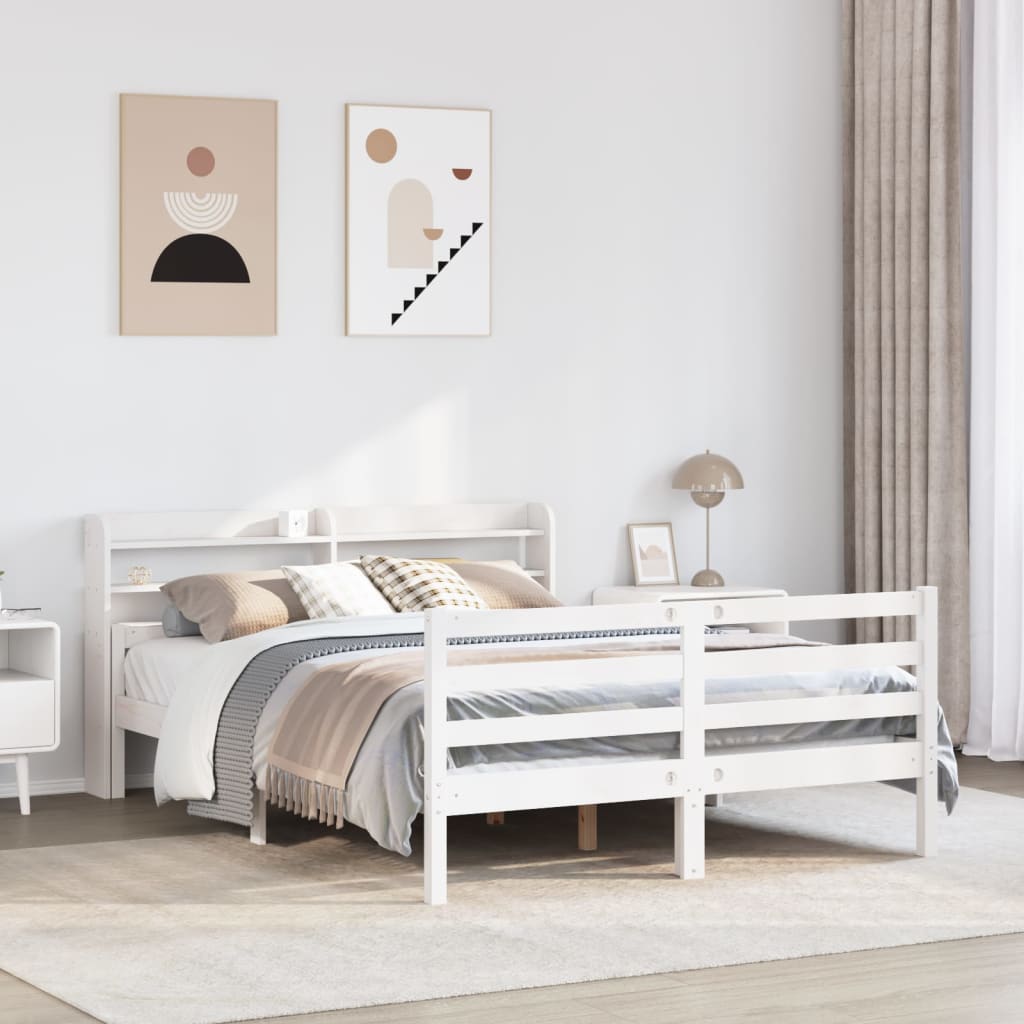 Bedframe met hoofdbord massief grenenhout wit 150x200 cm – afbeelding 1
