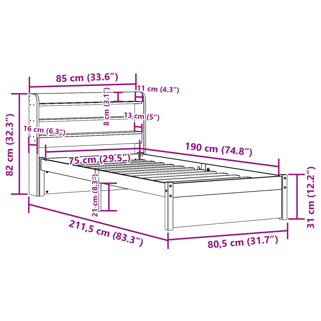 Bedframe met hoofdbord massief grenenhout 75x190 cm – afbeelding 12