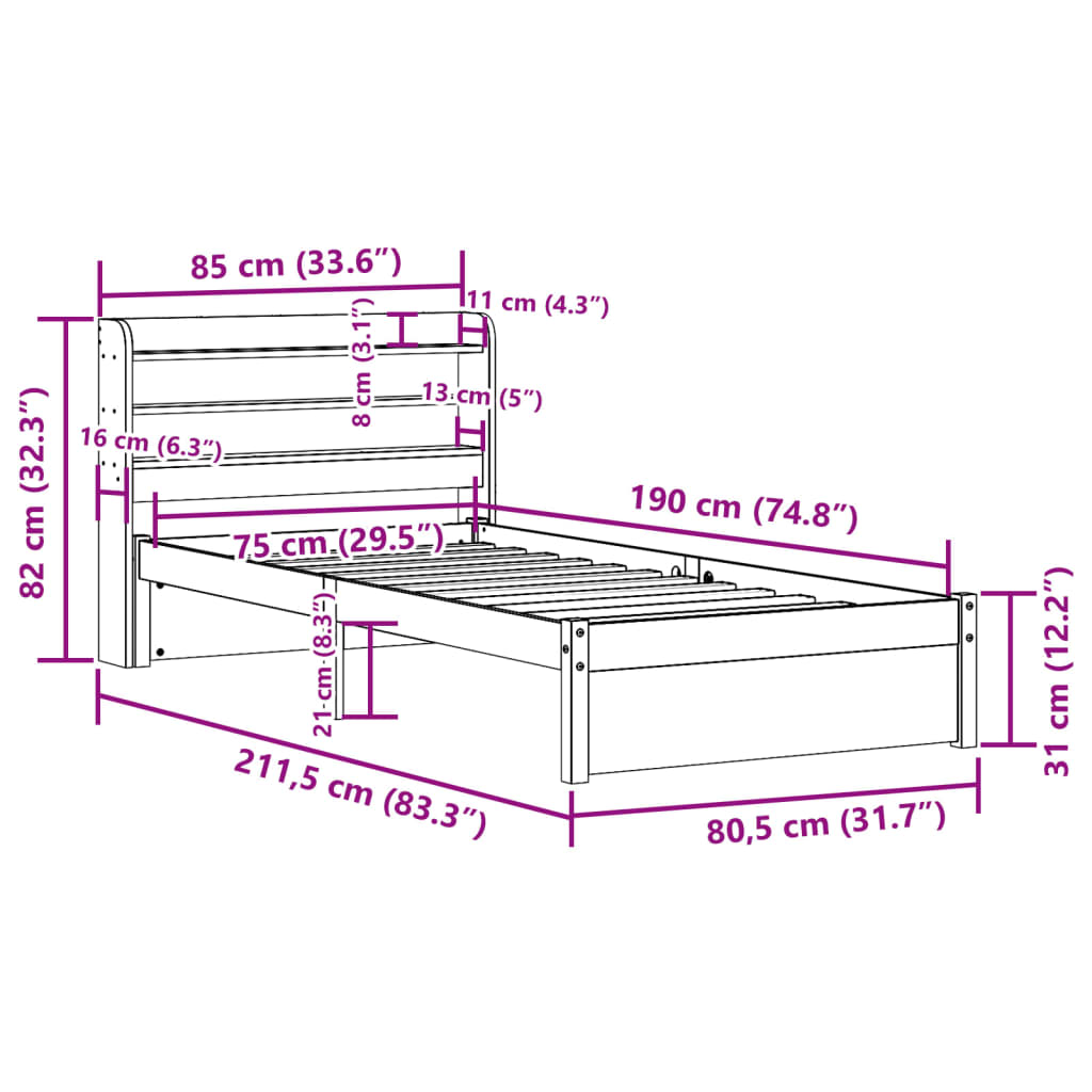 Bedframe met hoofdbord massief grenenhout wit 75x190 cm – afbeelding 12