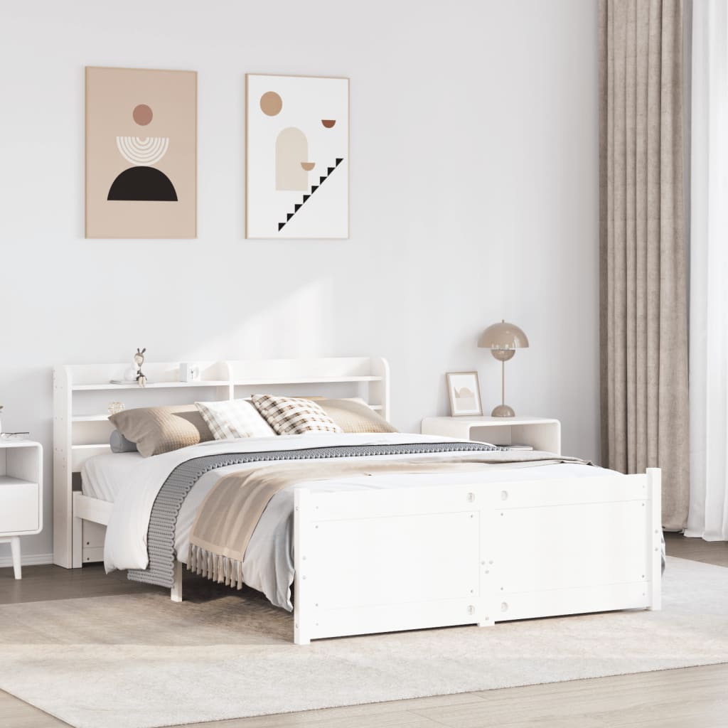 Bedframe met hoofdbord massief grenenhout wit 135x190 cm – afbeelding 1