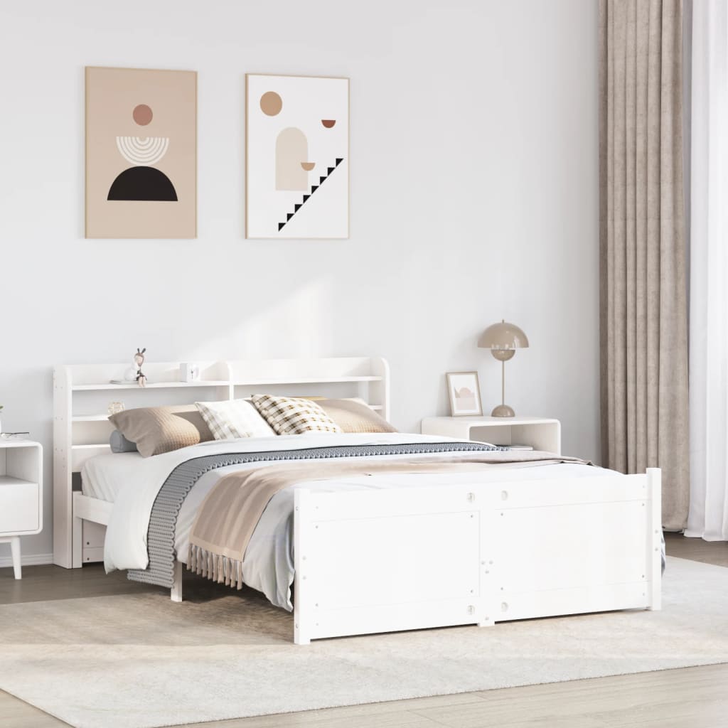 Bedframe met hoofdbord massief grenenhout wit 150x200 cm – afbeelding 1