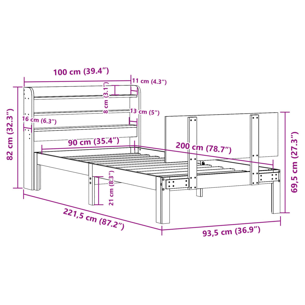 Bedframe met hoofdeinde zonder matras 90x200 cm wit – afbeelding 12