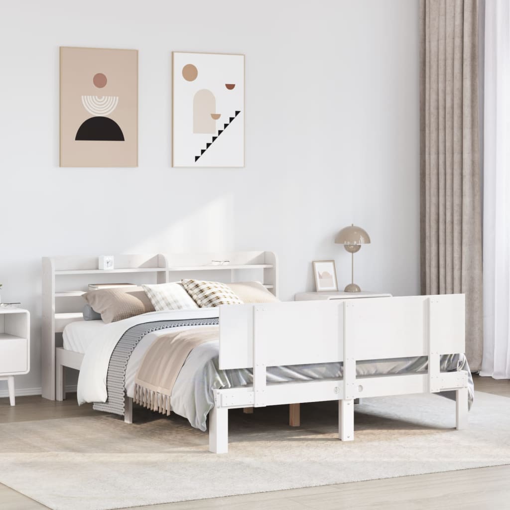Bedframe met hoofdbord massief grenenhout wit 150x200 cm – afbeelding 1
