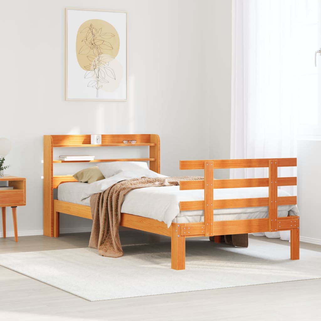 Bedframe met hoofdbord massief grenenhout wasbruin 100x200 cm – afbeelding 1