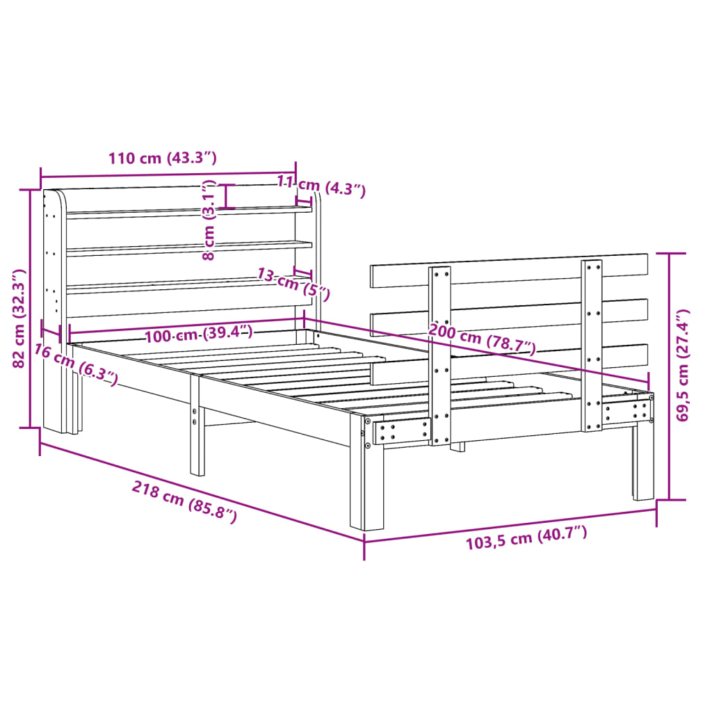 Bedframe met hoofdbord massief grenenhout wasbruin 100x200 cm – afbeelding 11