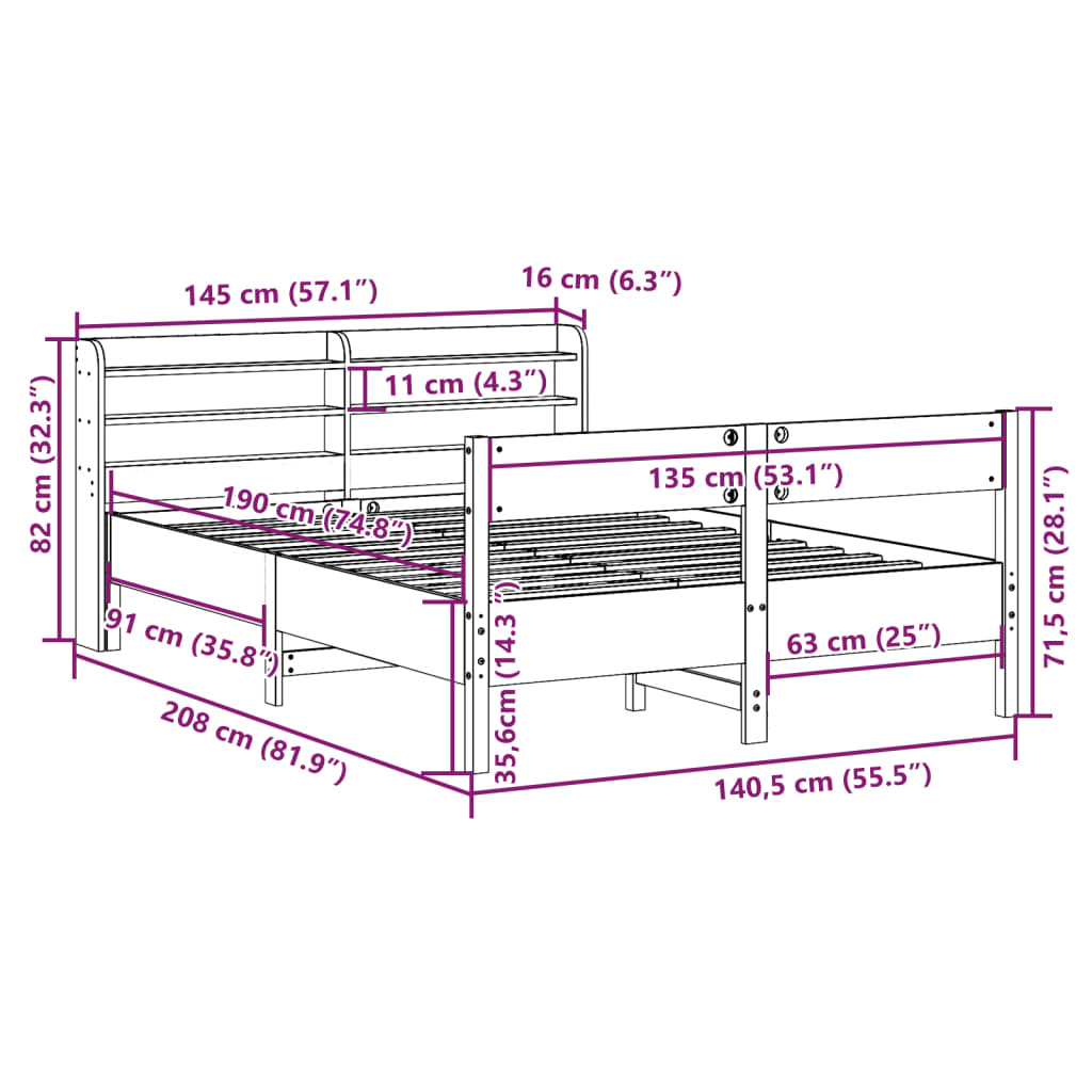 Bedframe zonder matras massief grenenhout wasbruin 135x190 cm – afbeelding 12