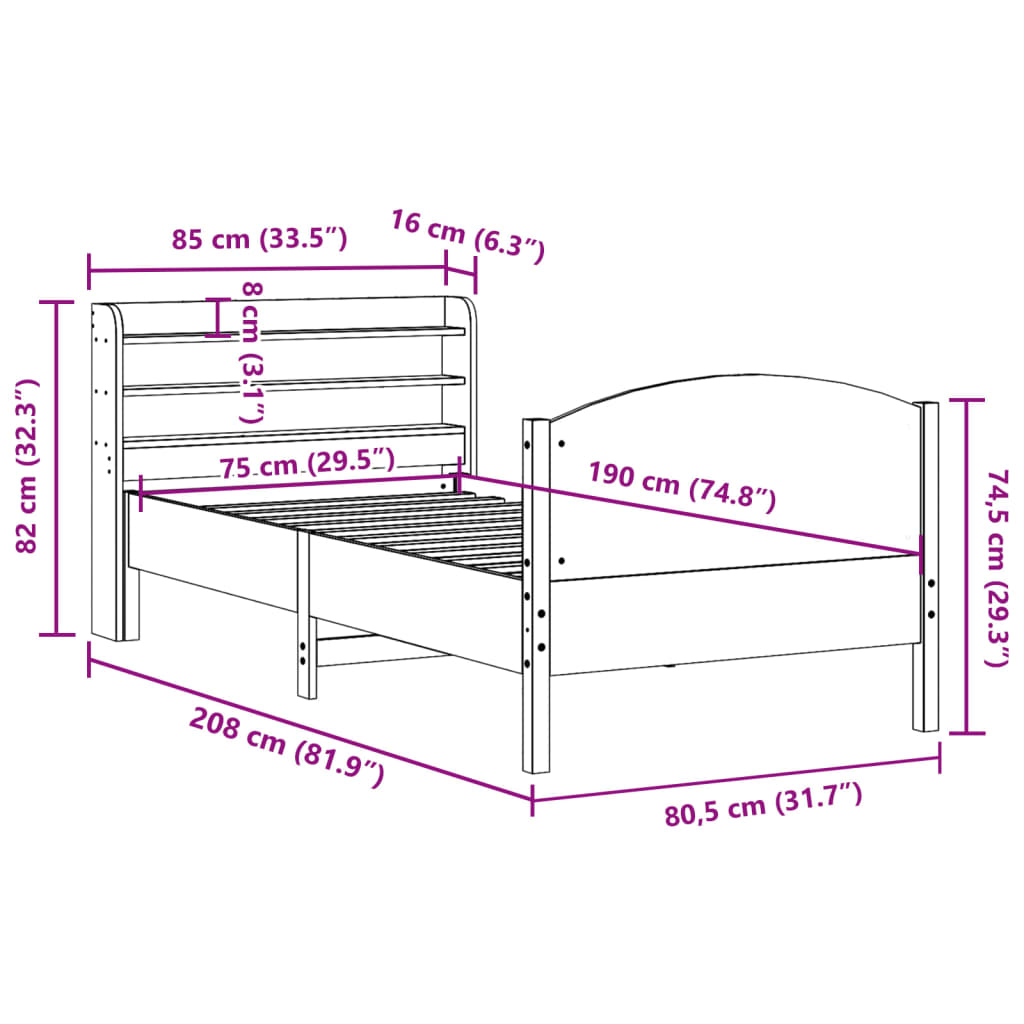 Bedframe zonder matras massief grenenhout 75x190 cm – afbeelding 12