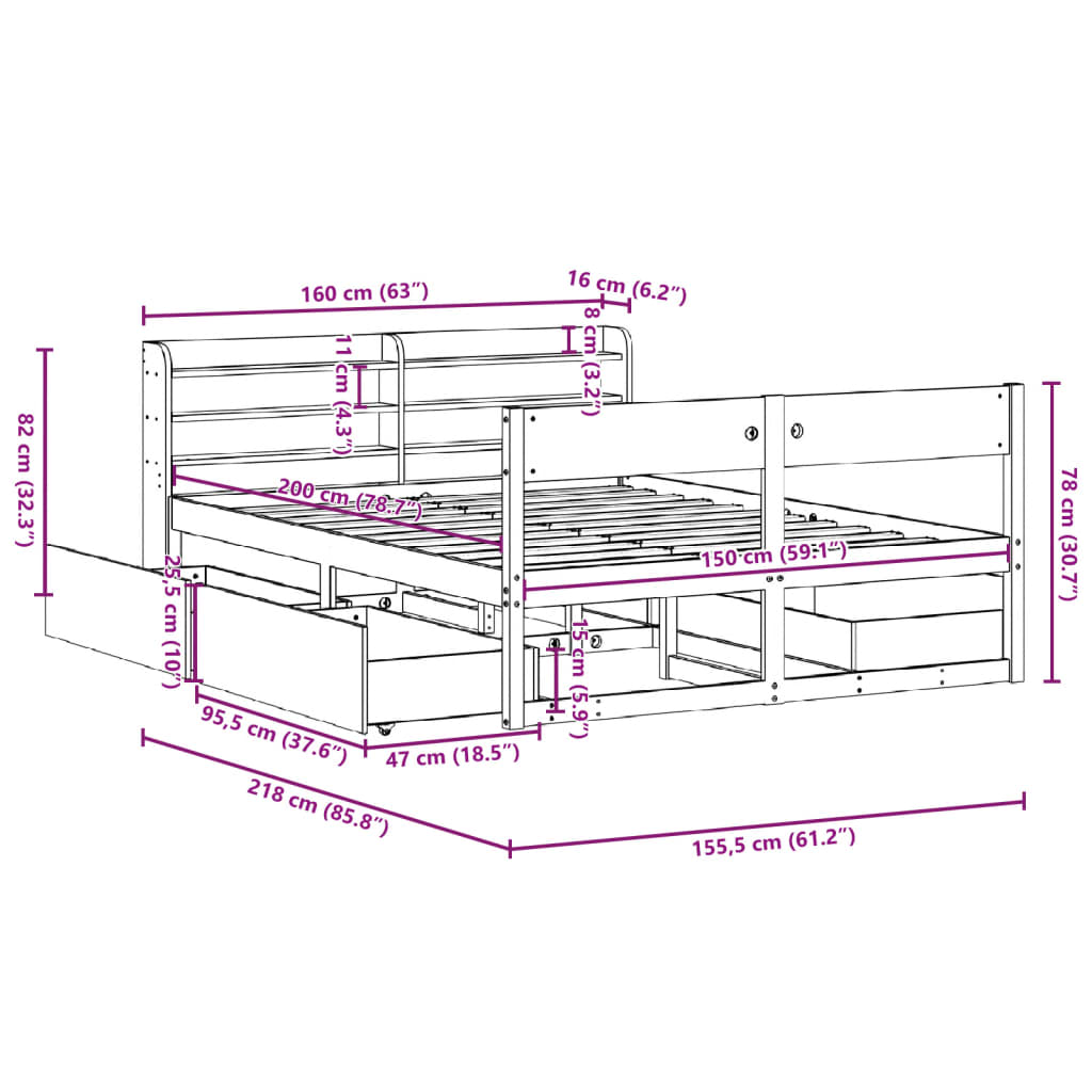 Bedframe zonder matras massief grenenhout 150x200 cm – afbeelding 12