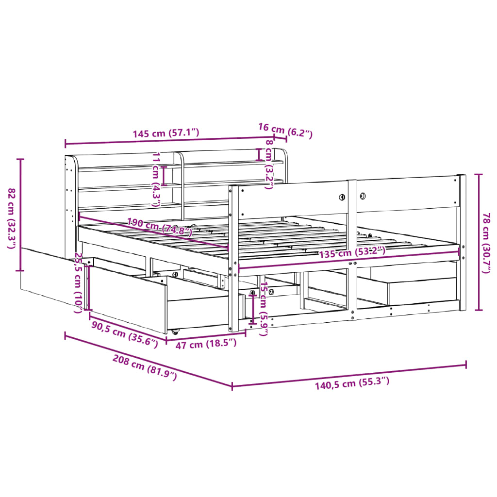 Bedframe zonder matras massief grenenhout wasbruin 135x190 cm – afbeelding 12
